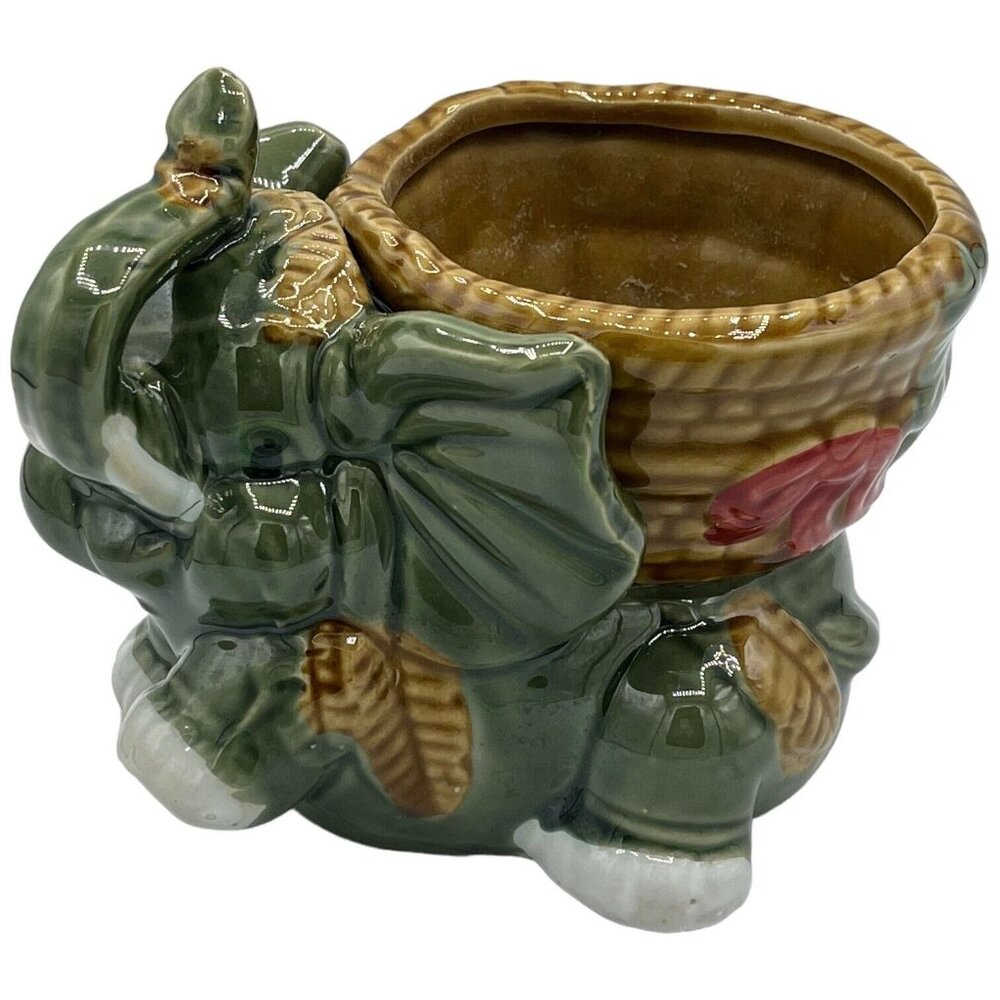 Green Elephant Planter Lucky Trunk Up Ceramic with Basket Tropical 5" x 4"